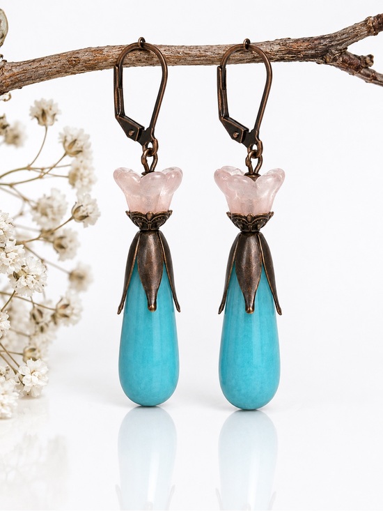 Artisan Jewelry - Artisan Turquoise Floral Statement Earrings, Antique Copper Pink Flower Dangles